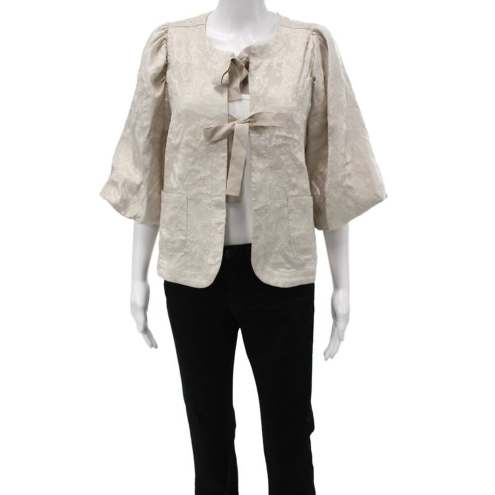 Summum Women Beige Floral Tie Round Neck 3/4 Sleeve Jacket Size 38